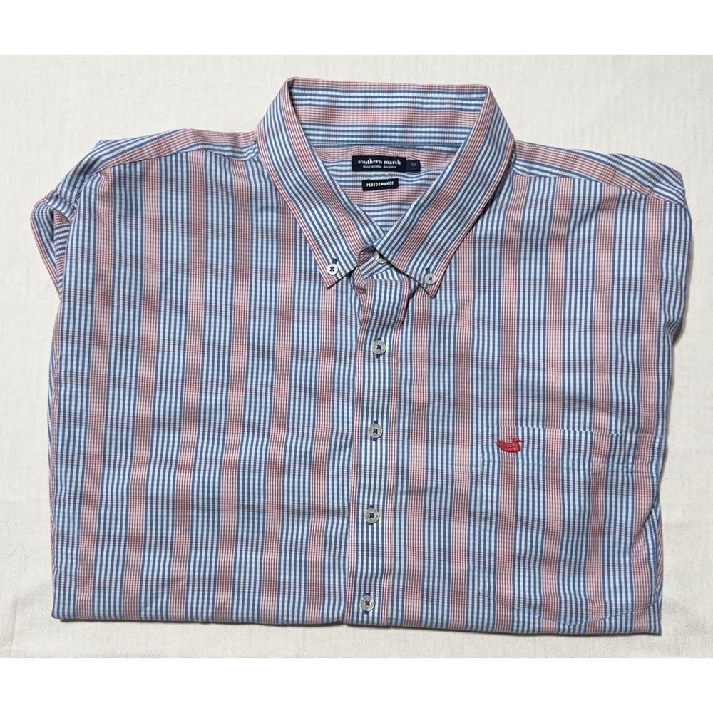 Southern Marsh Performance Shirt Men 2X Plaid Short Sleeve Stretch Button Down